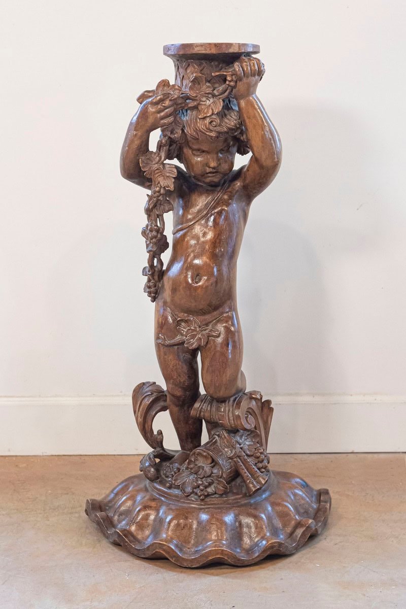 French Napoléon III 1860s Carved Walnut Sculpture of a Putto Carrying a Vessel - JAA