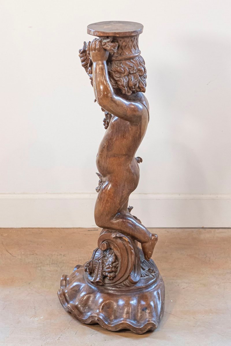 French Napoléon III 1860s Carved Walnut Sculpture of a Putto Carrying a Vessel - JAA
