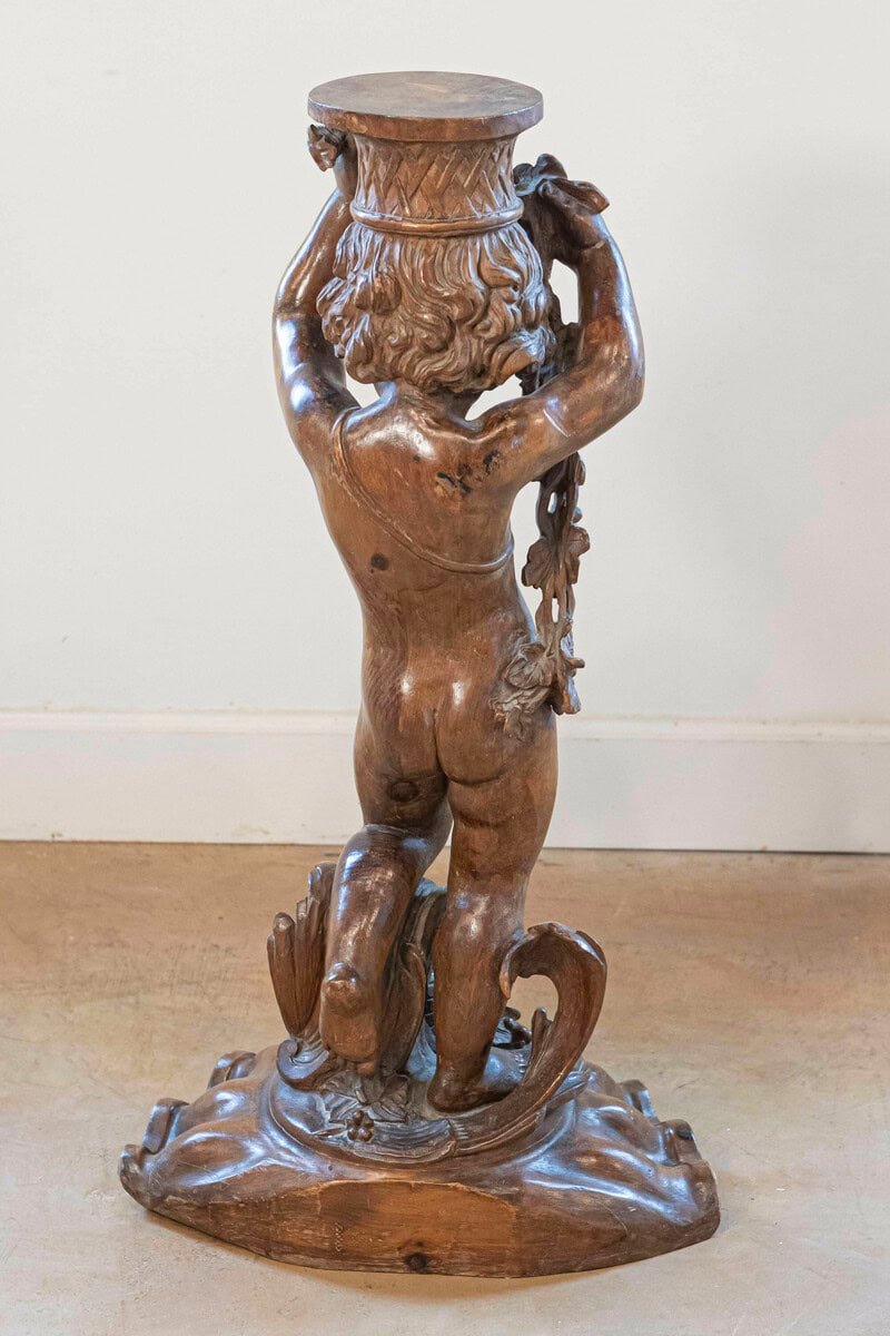 French Napoléon III 1860s Carved Walnut Sculpture of a Putto Carrying a Vessel - JAA
