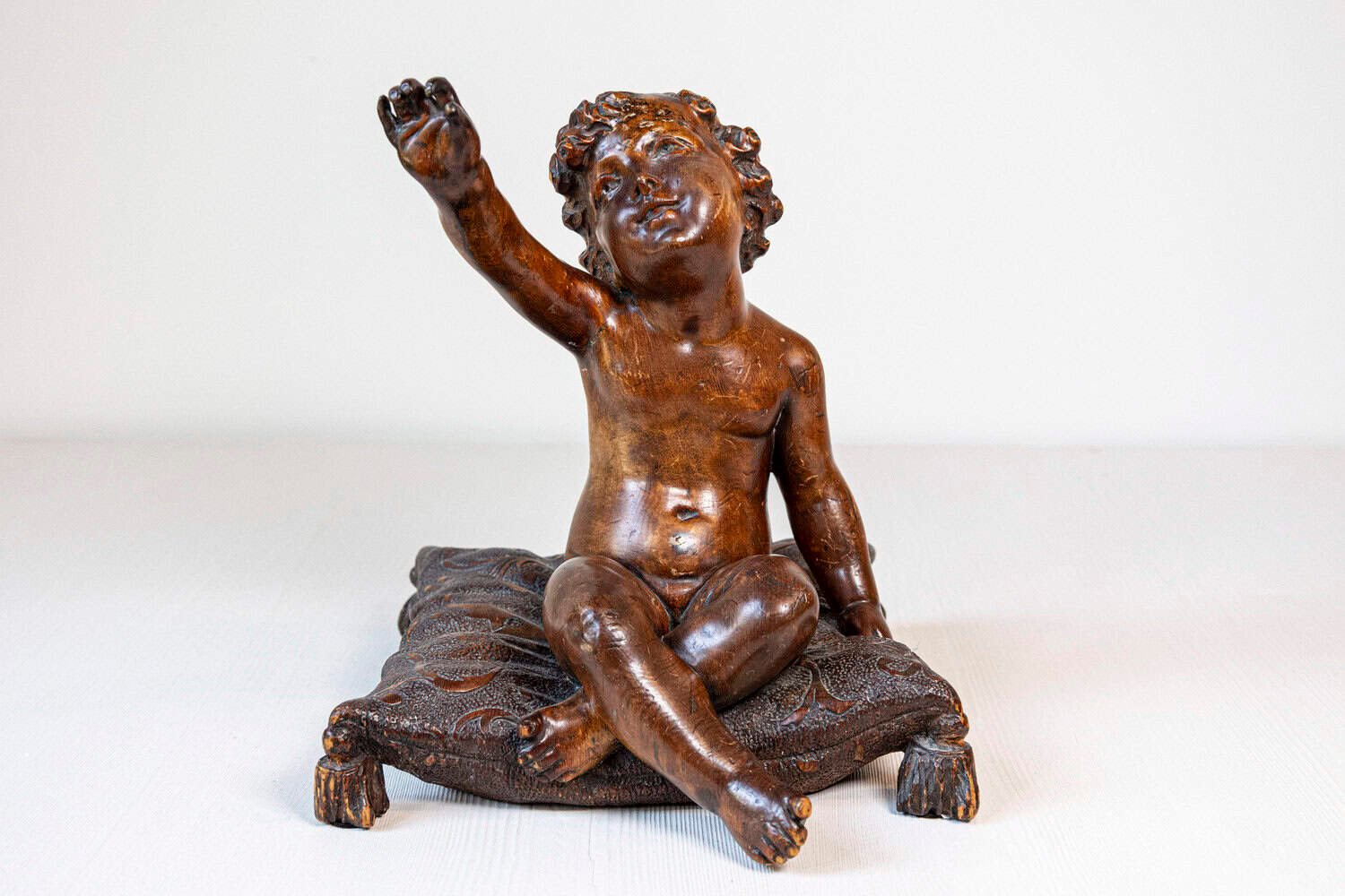 French 1780s Baroque Style Walnut Sculpture of a Putto Sitting on a Pillow - JAA
