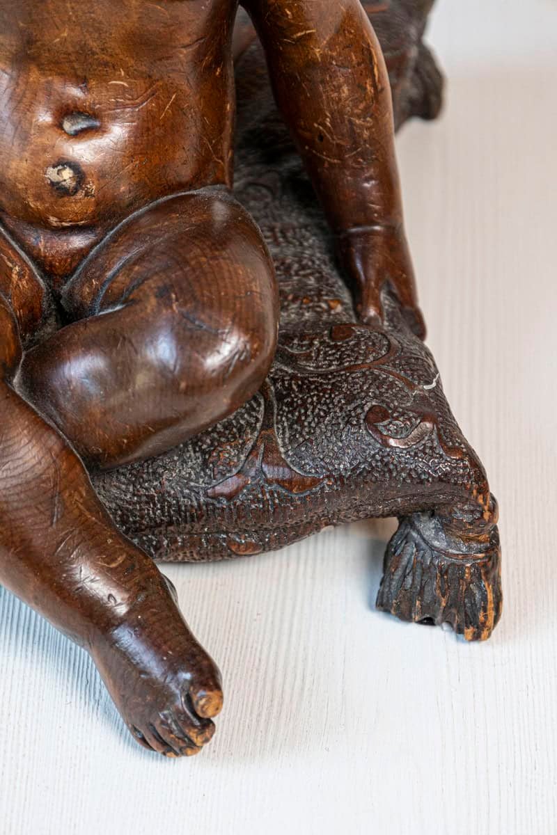 French 1780s Baroque Style Walnut Sculpture of a Putto Sitting on a Pillow - JAA