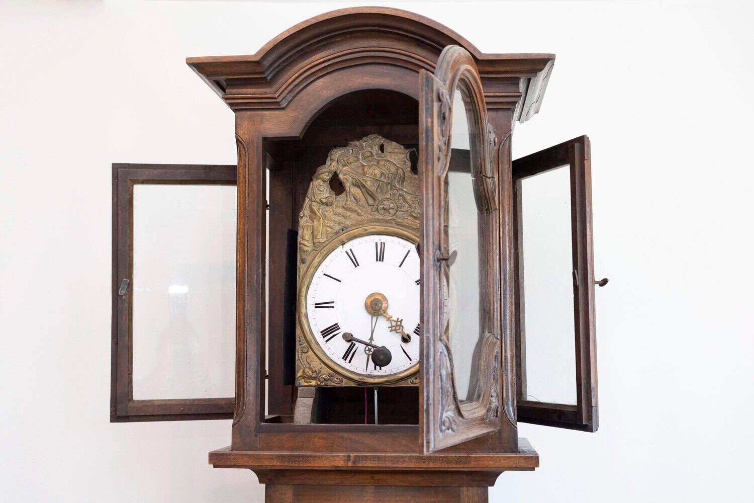 French Napoléon III Carved Walnut Long Case Clock with Brass Farming Scene - JAA