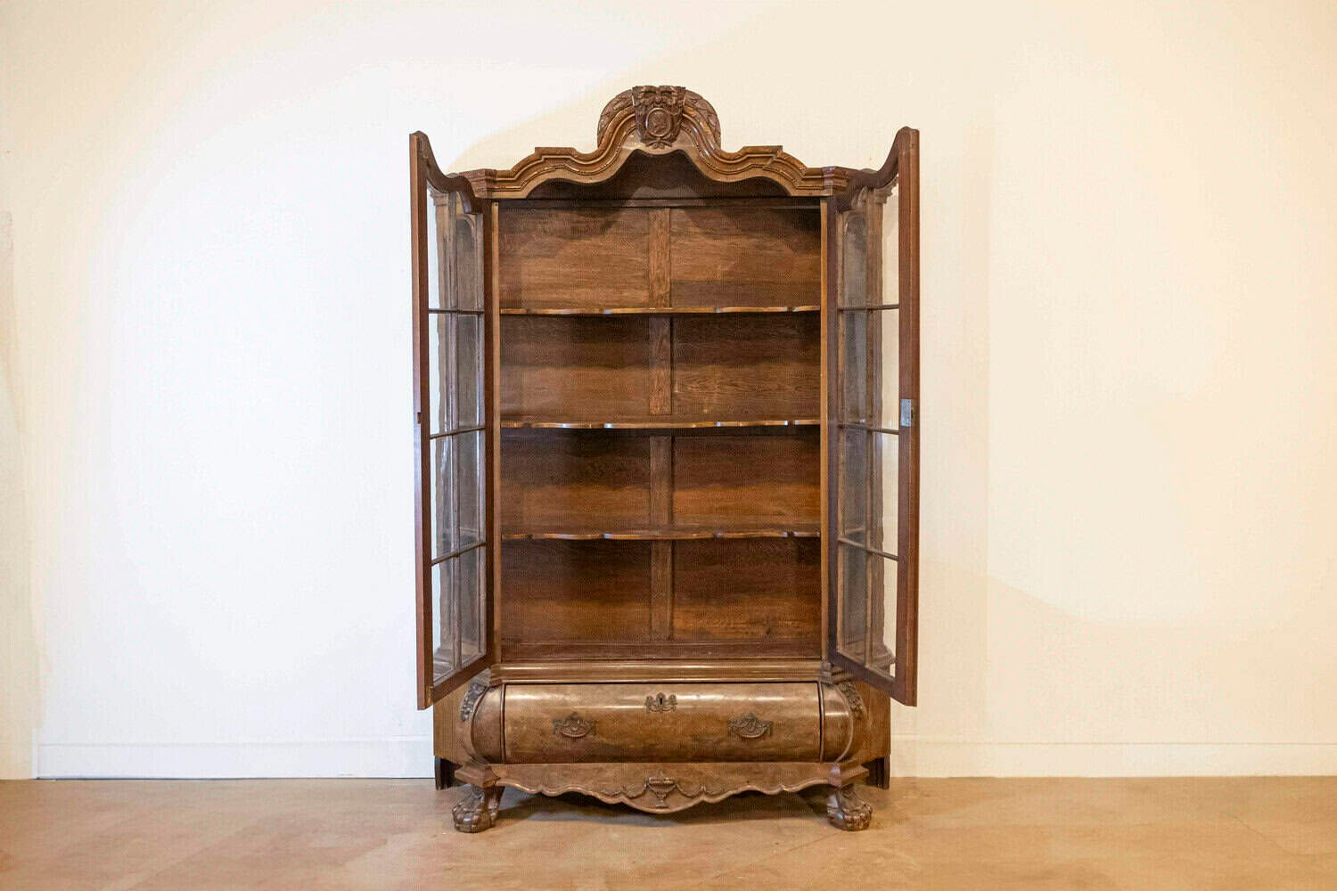 Dutch Rococo Revival 1890s Bombé Vitrine with Glass Doors and Single Drawer - JAA