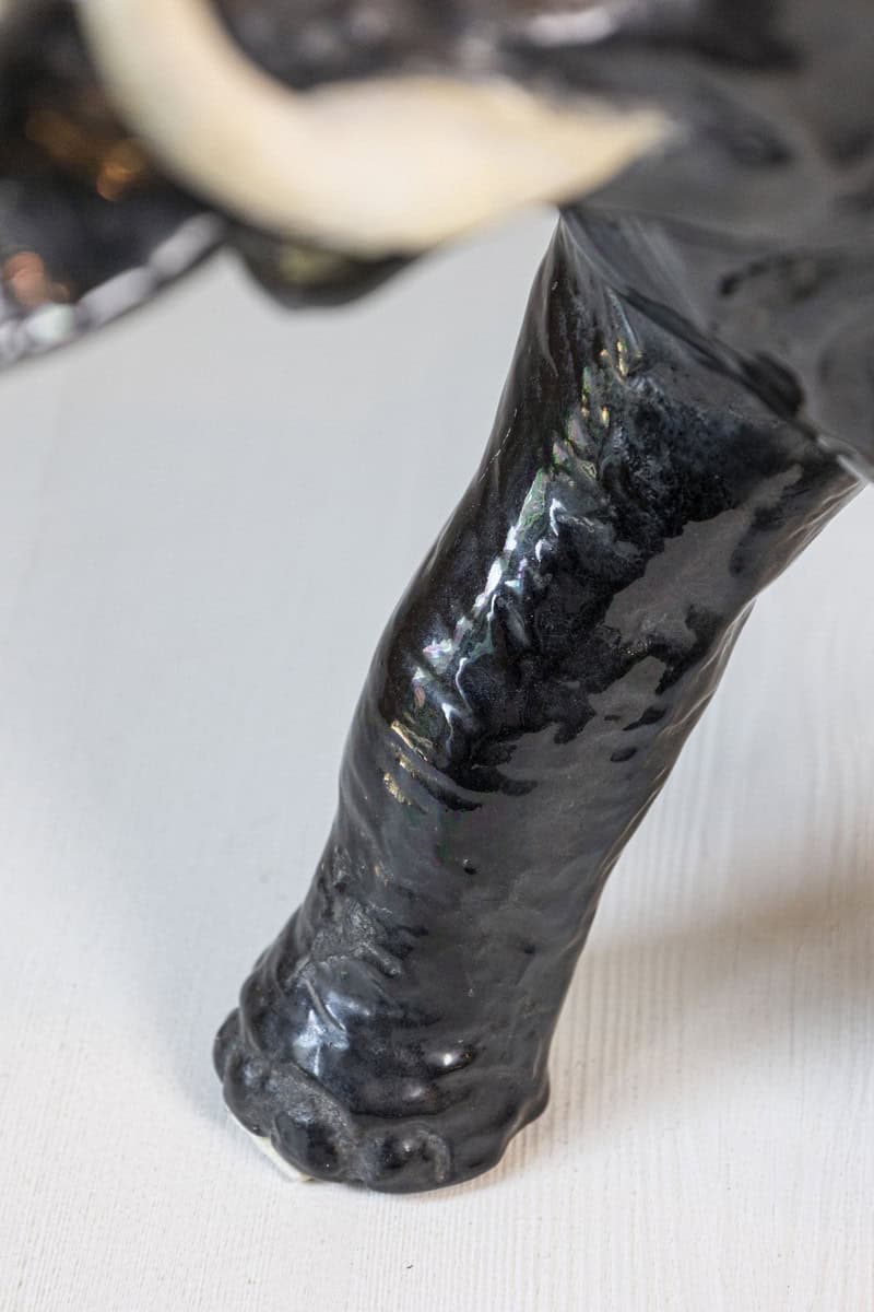 Vintage Italian Black Glazed Ceramic Sculpture of a Walking Elephant, Trunk Up - JAA