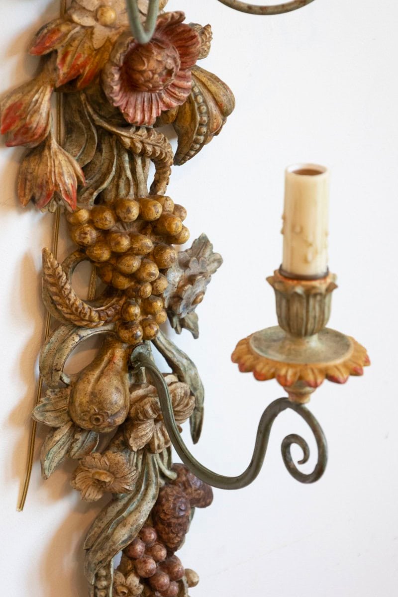 Pair of Mid-20th Century Italian Carved Wood Sconces with Wheat and Floral Motifs - JAA