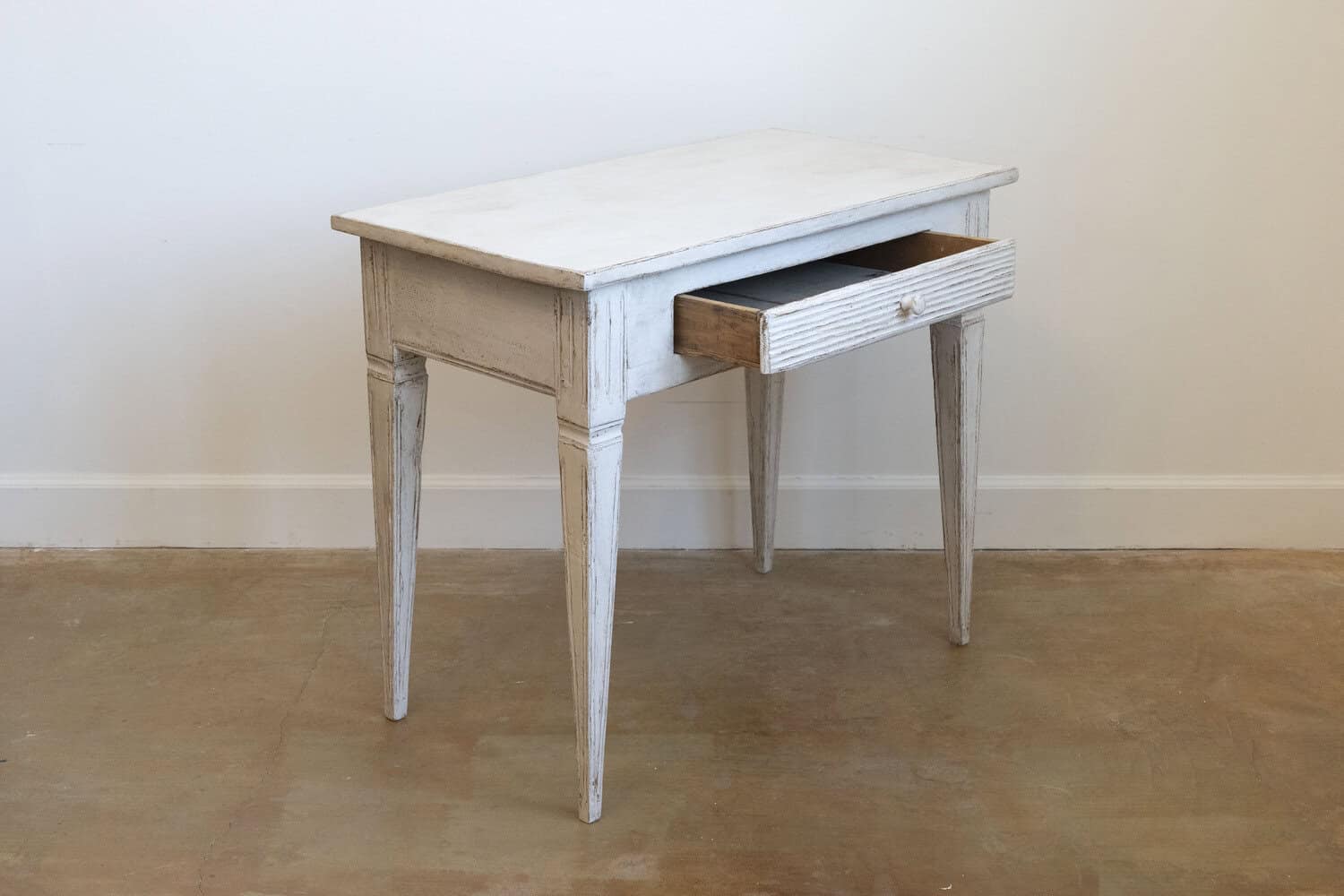 Swedish Gustavian Style Painted Side Table with Reeded Drawer and Tapered Legs - JAA