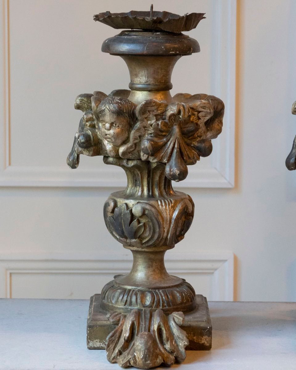 Exceptional Pair of 18th-Century Italian Silvered Wood Candlesticks with Angel Heads - JAA