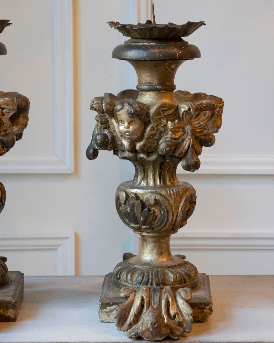 Exceptional Pair of 18th-Century Italian Silvered Wood Candlesticks with Angel Heads - JAA