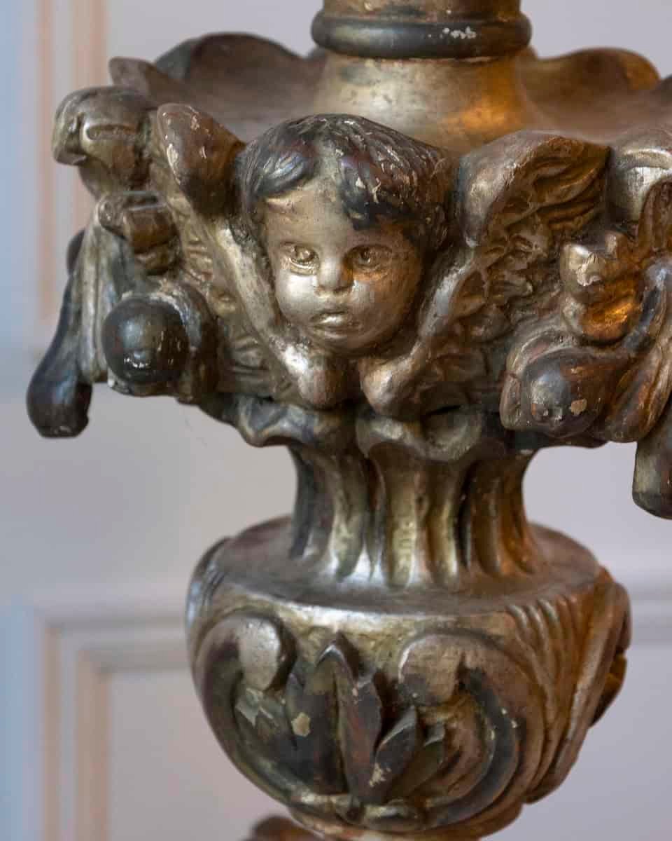 Exceptional Pair of 18th-Century Italian Silvered Wood Candlesticks with Angel Heads - JAA