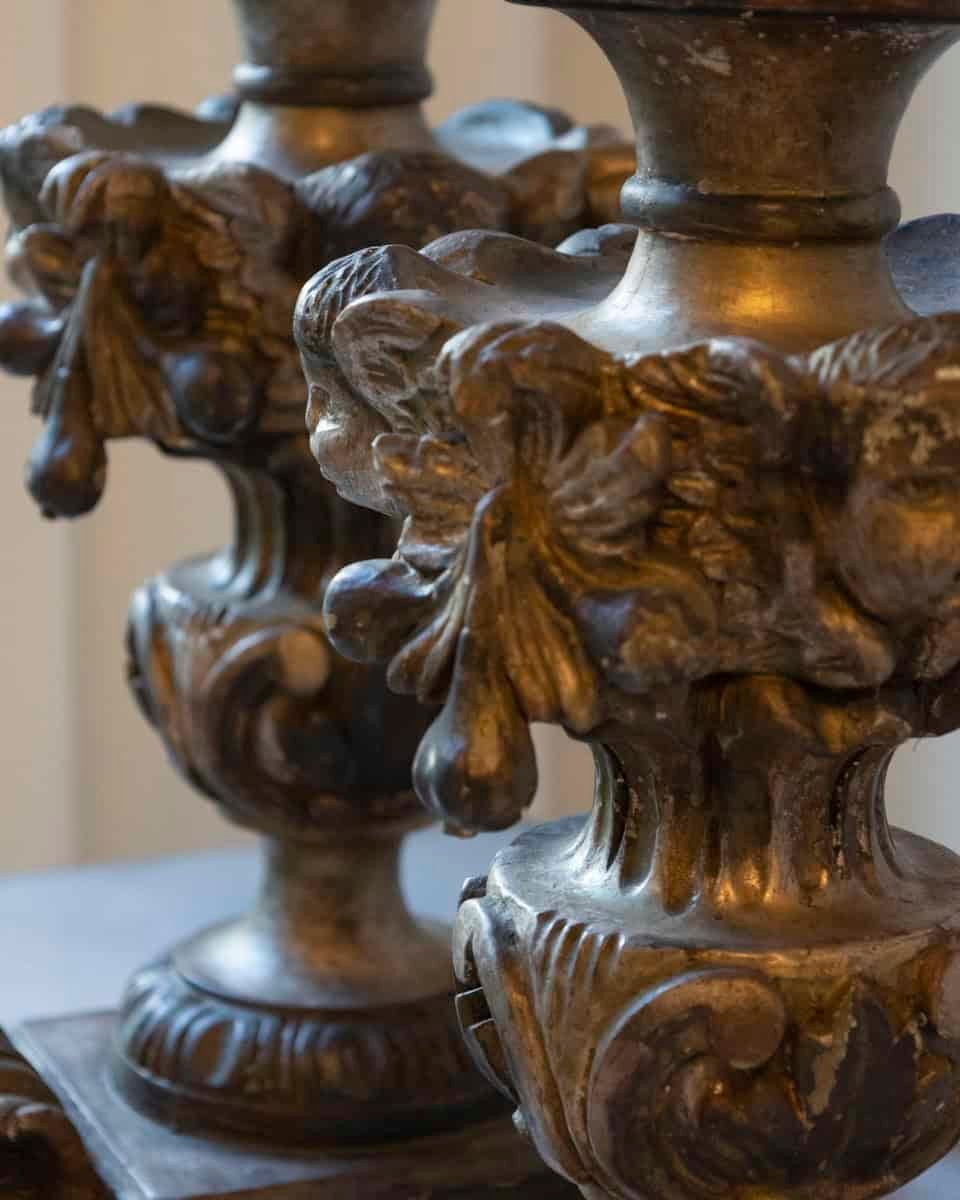 Exceptional Pair of 18th-Century Italian Silvered Wood Candlesticks with Angel Heads - JAA