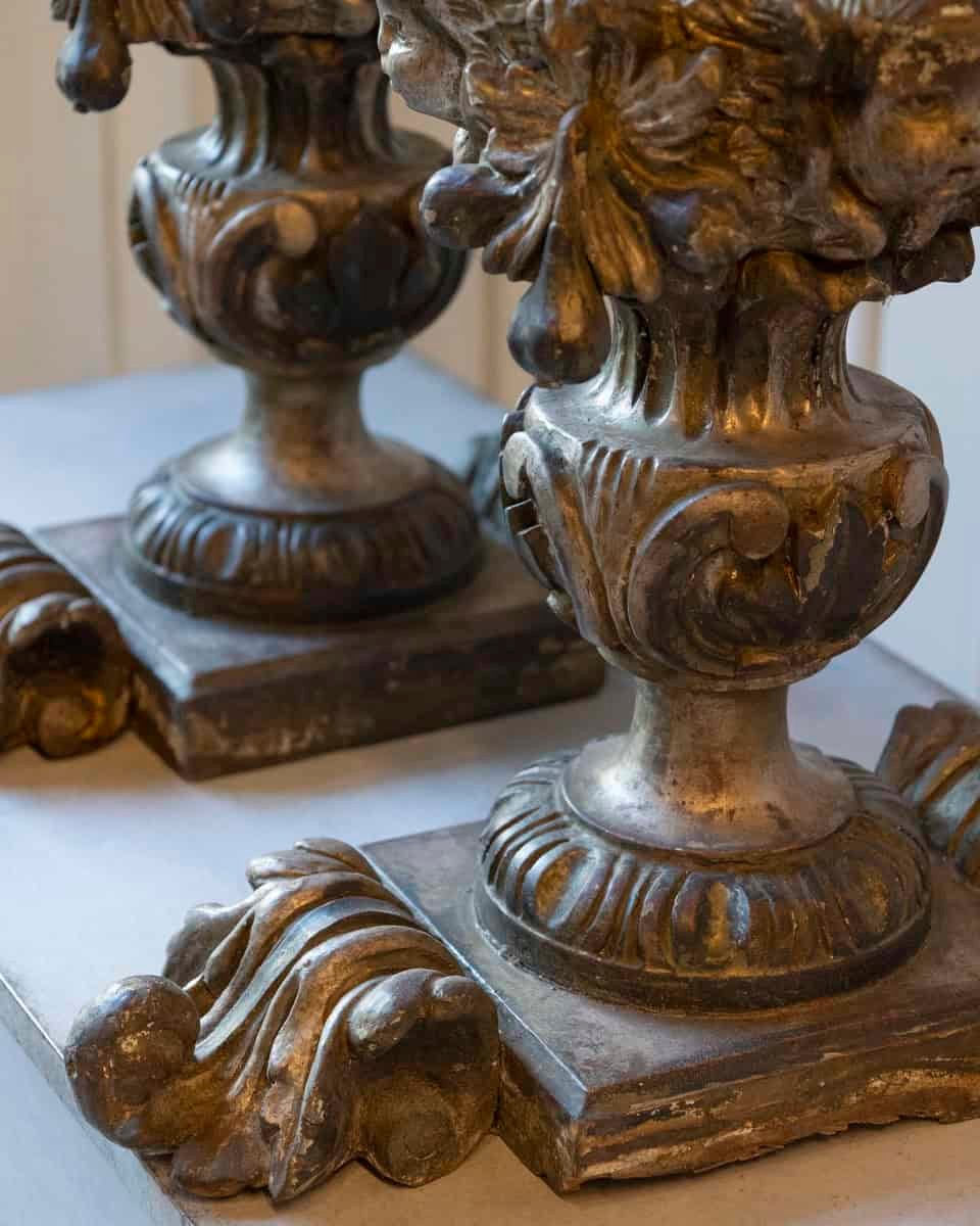 Exceptional Pair of 18th-Century Italian Silvered Wood Candlesticks with Angel Heads - JAA