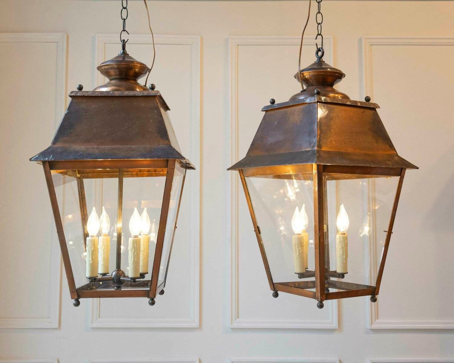 Pair of Early 20th-Century French Copper Hanging Lanterns - JAA