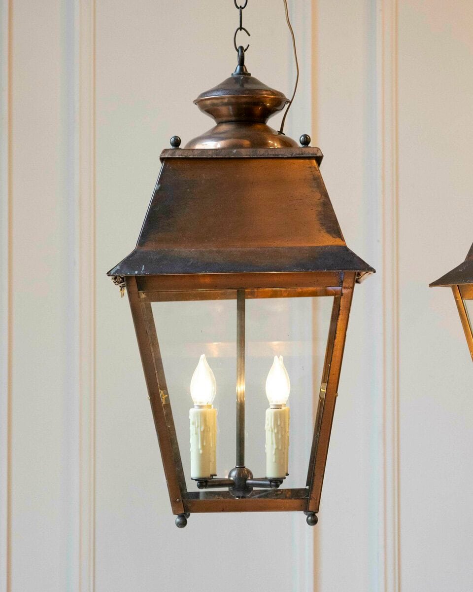 Pair of Early 20th-Century French Copper Hanging Lanterns - JAA