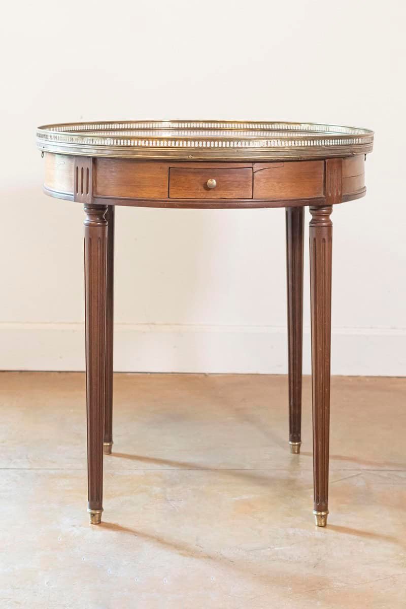 French Louis XVI Style 1890s Bouillotte Table with Marble Top and Brass Gallery - JAA