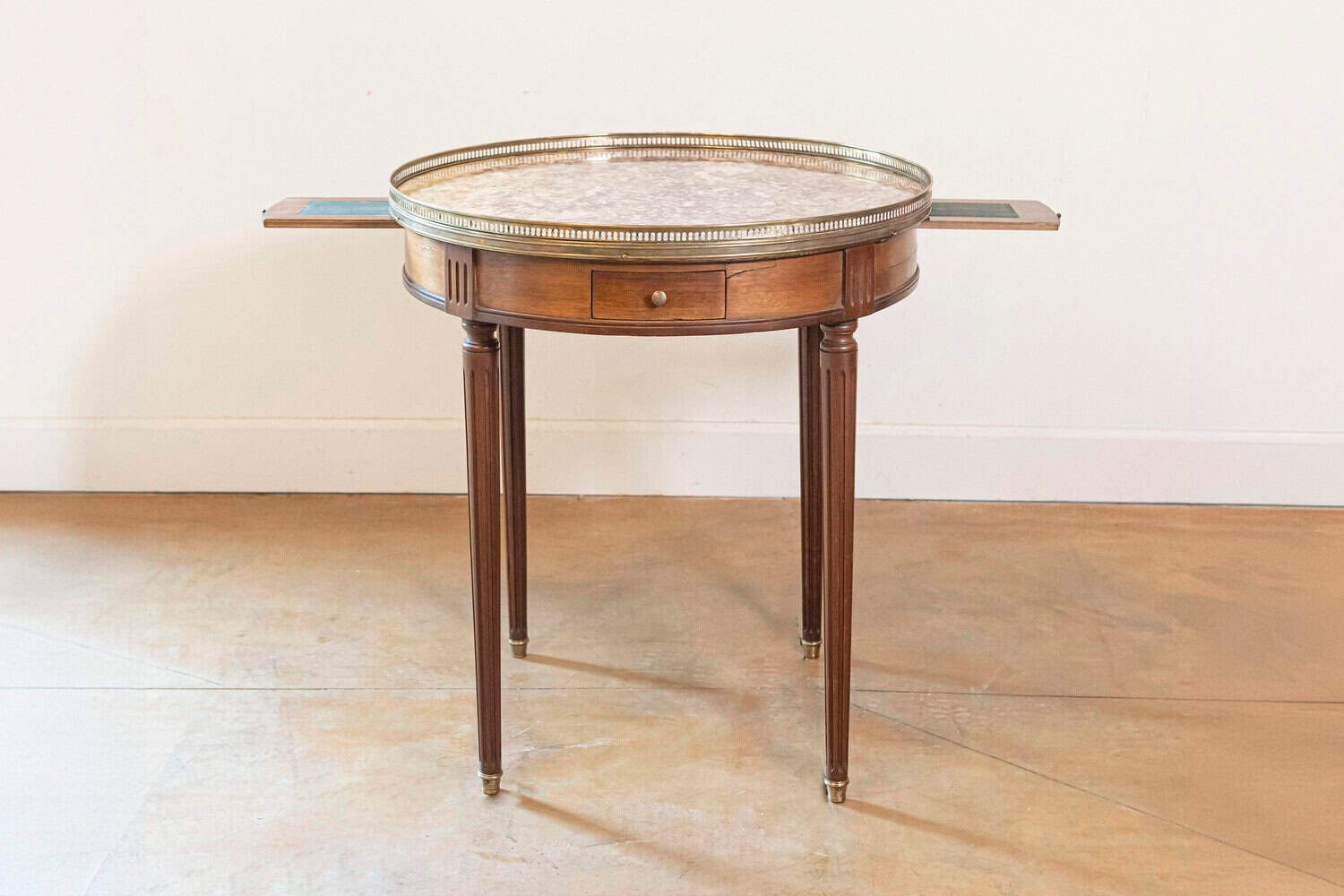 French Louis XVI Style 1890s Bouillotte Table with Marble Top and Brass Gallery - JAA