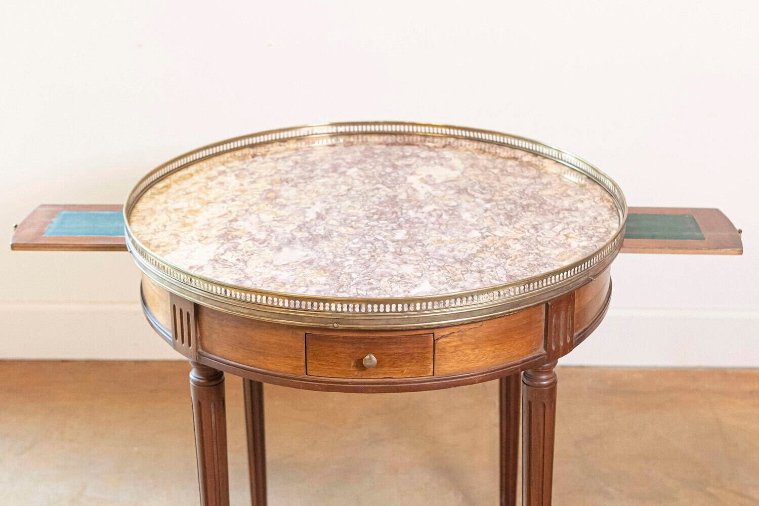 French Louis XVI Style 1890s Bouillotte Table with Marble Top and Brass Gallery - JAA