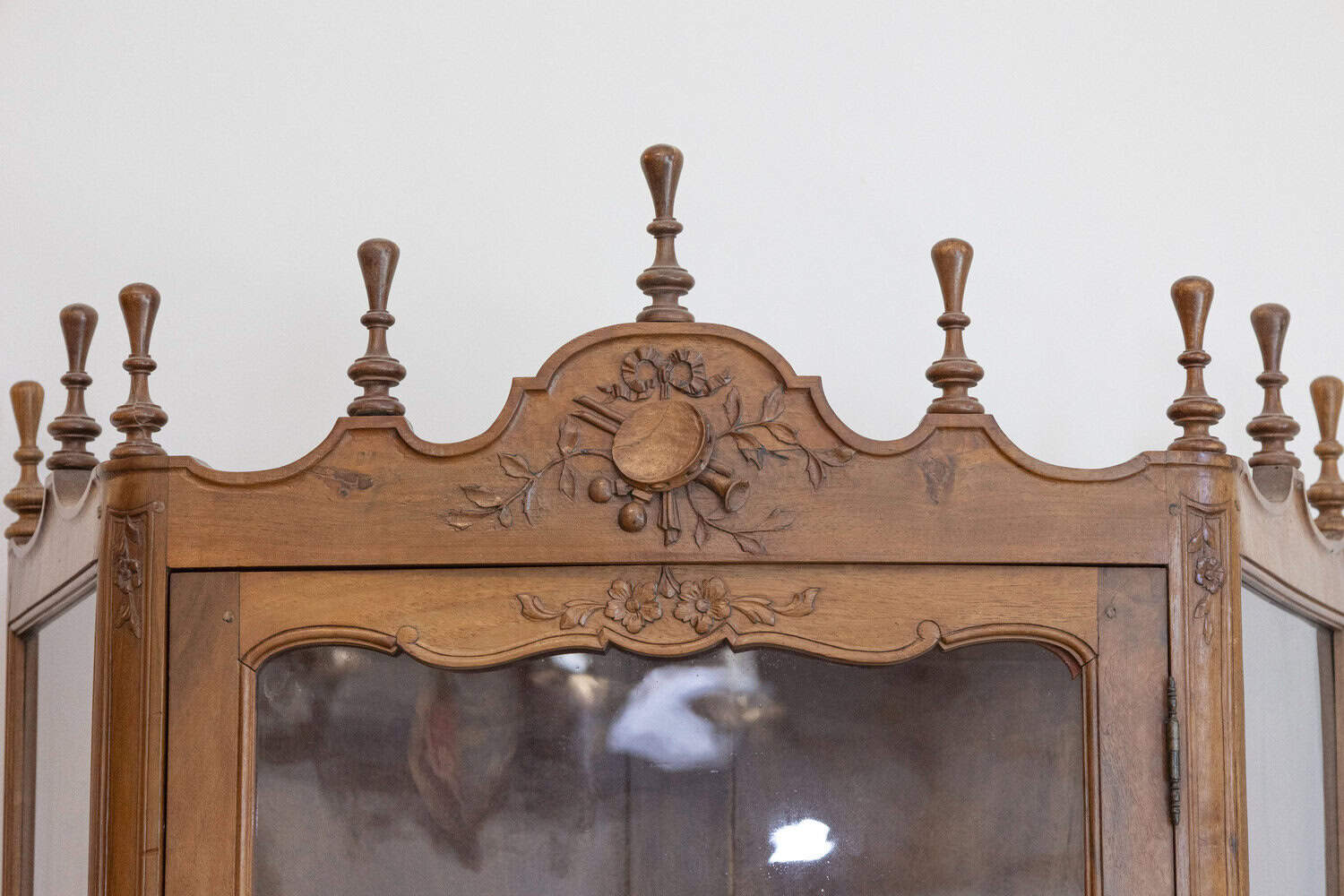 French Louis XV Style Walnut Display Cabinet with Carved Musical Instruments - JAA