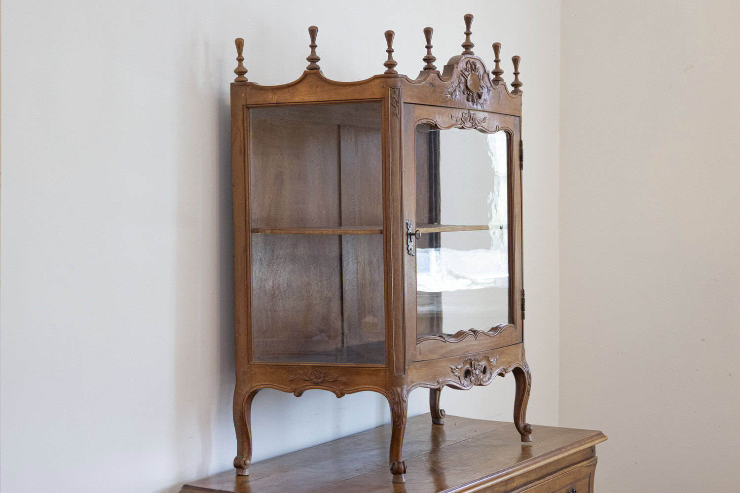 French Louis XV Style Walnut Display Cabinet with Carved Musical Instruments - JAA