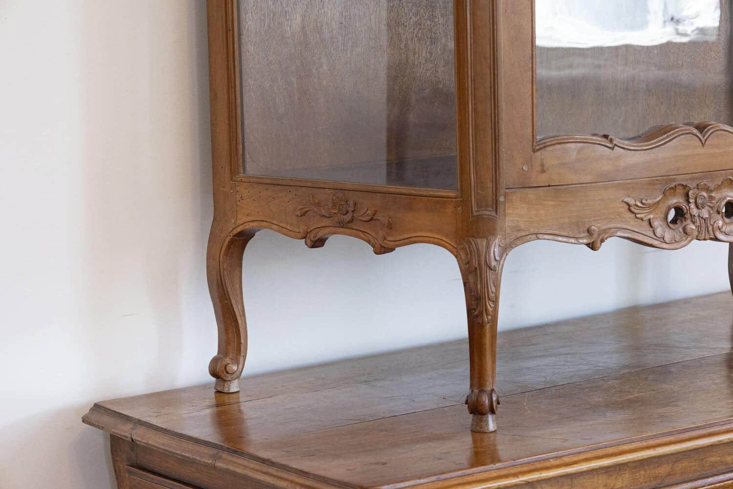 French Louis XV Style Walnut Display Cabinet with Carved Musical Instruments - JAA