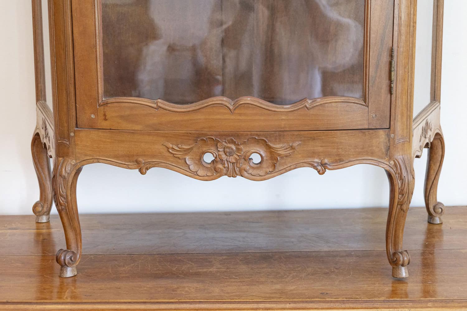 French Louis XV Style Walnut Display Cabinet with Carved Musical Instruments - JAA