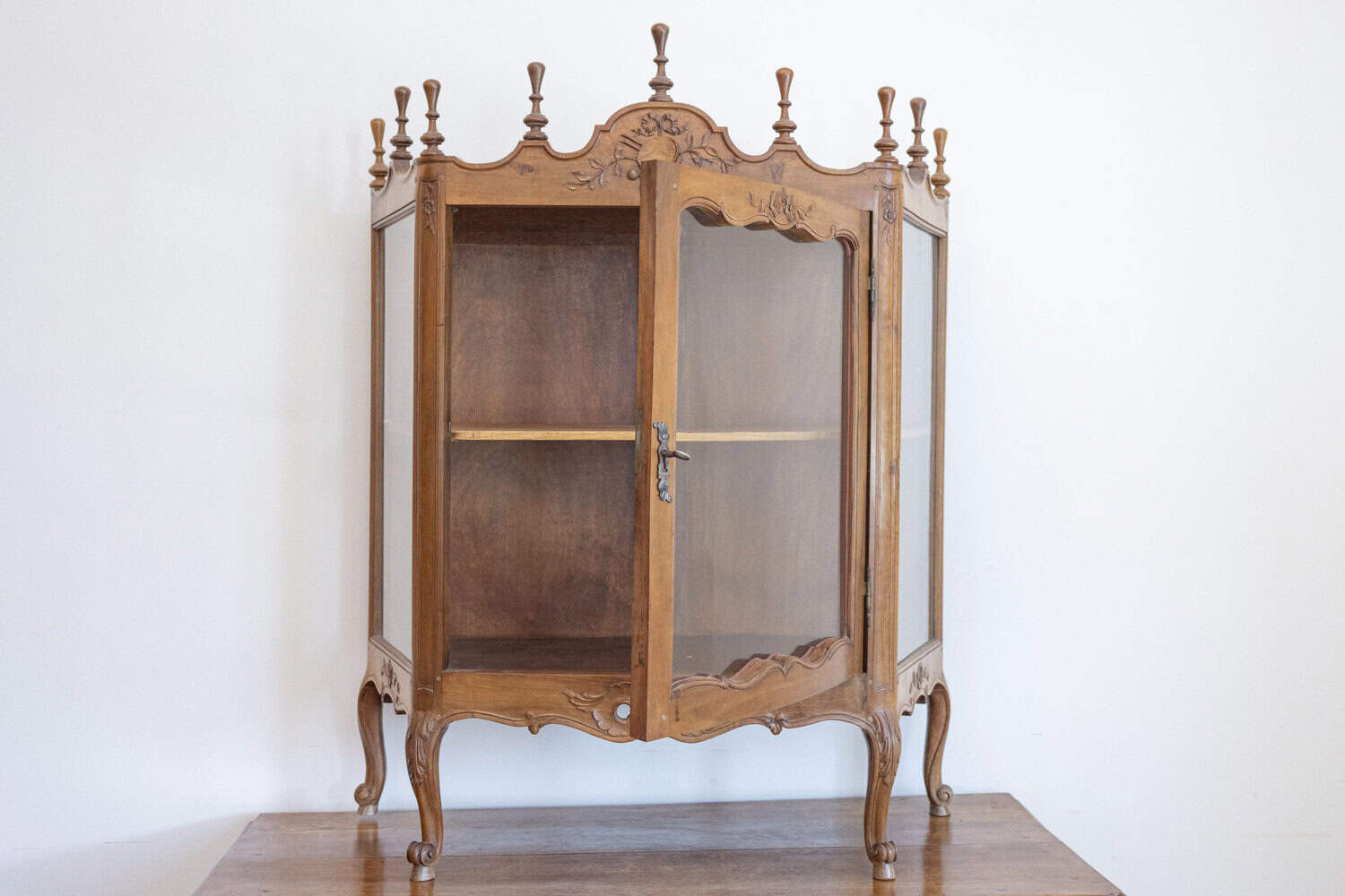 French Louis XV Style Walnut Display Cabinet with Carved Musical Instruments - JAA
