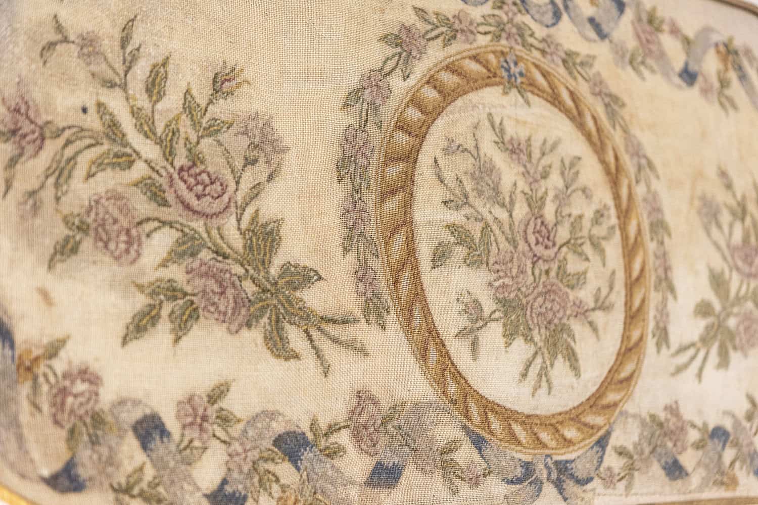 French 19th Century Framed Needlepoint Tapestry with Ribbon and Floral Décor - JAA