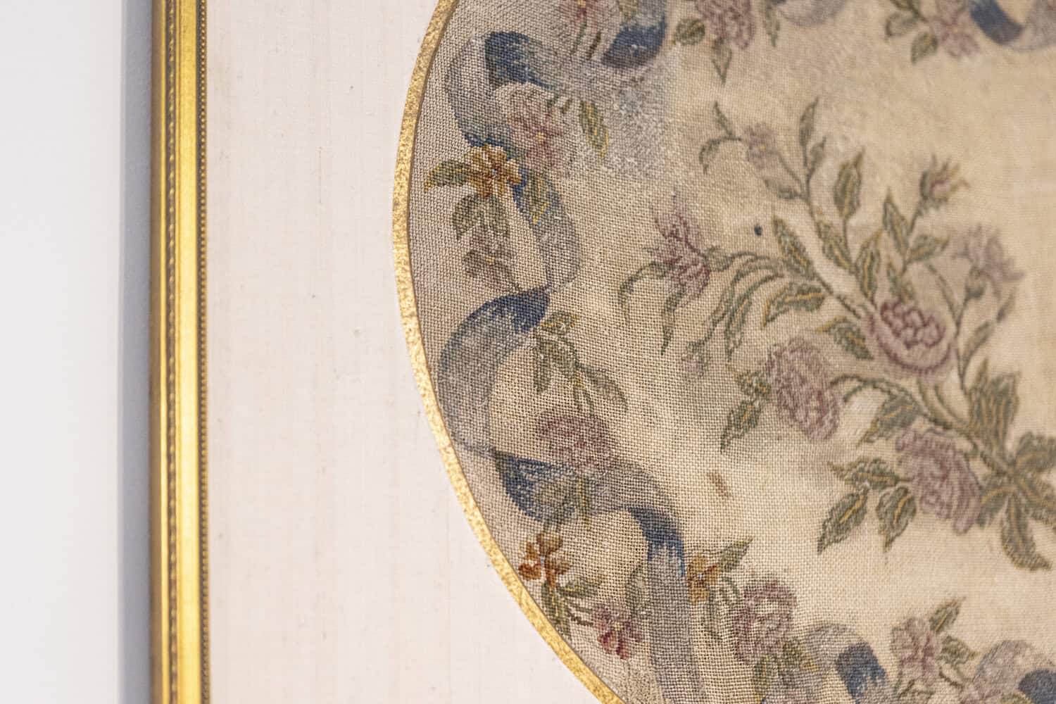 French 19th Century Framed Needlepoint Tapestry with Ribbon and Floral Décor - JAA