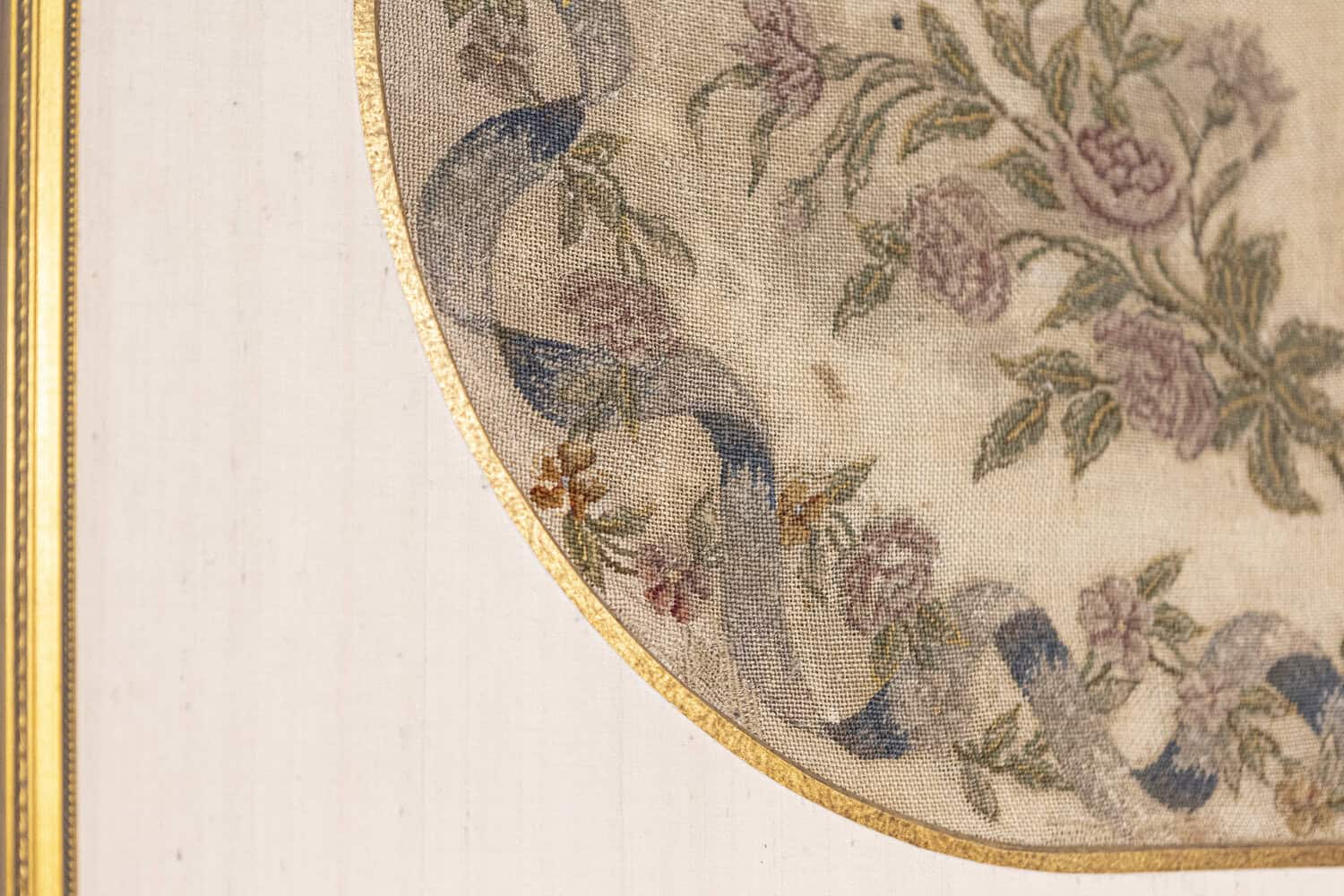 French 19th Century Framed Needlepoint Tapestry with Ribbon and Floral Décor - JAA