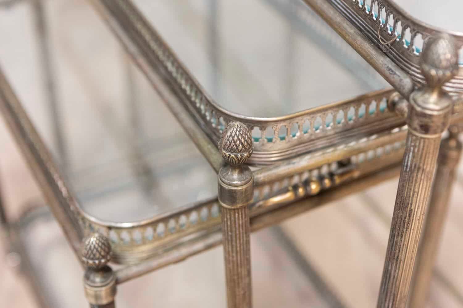 Set of Three French Neoclassical Style Nesting Bar Carts with Glass Shelves - JAA