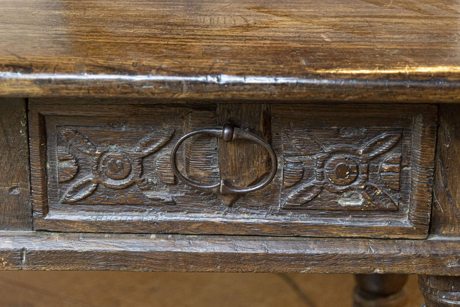 French 1750s Walnut Library Table with Carved Drawers and Original Hardware - JAA