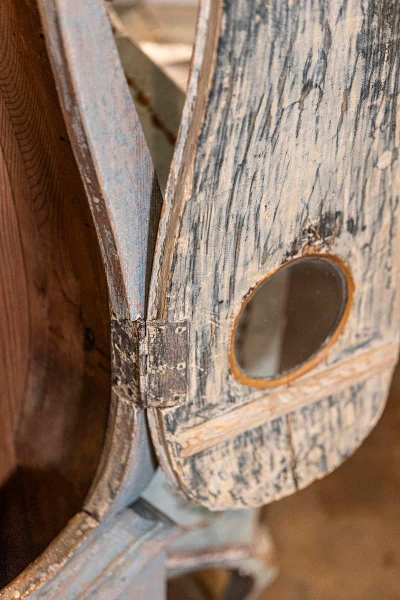 Swedish 1790s Long Case Mora Clock with Blue Gray Paint and Carved Crest - JAA