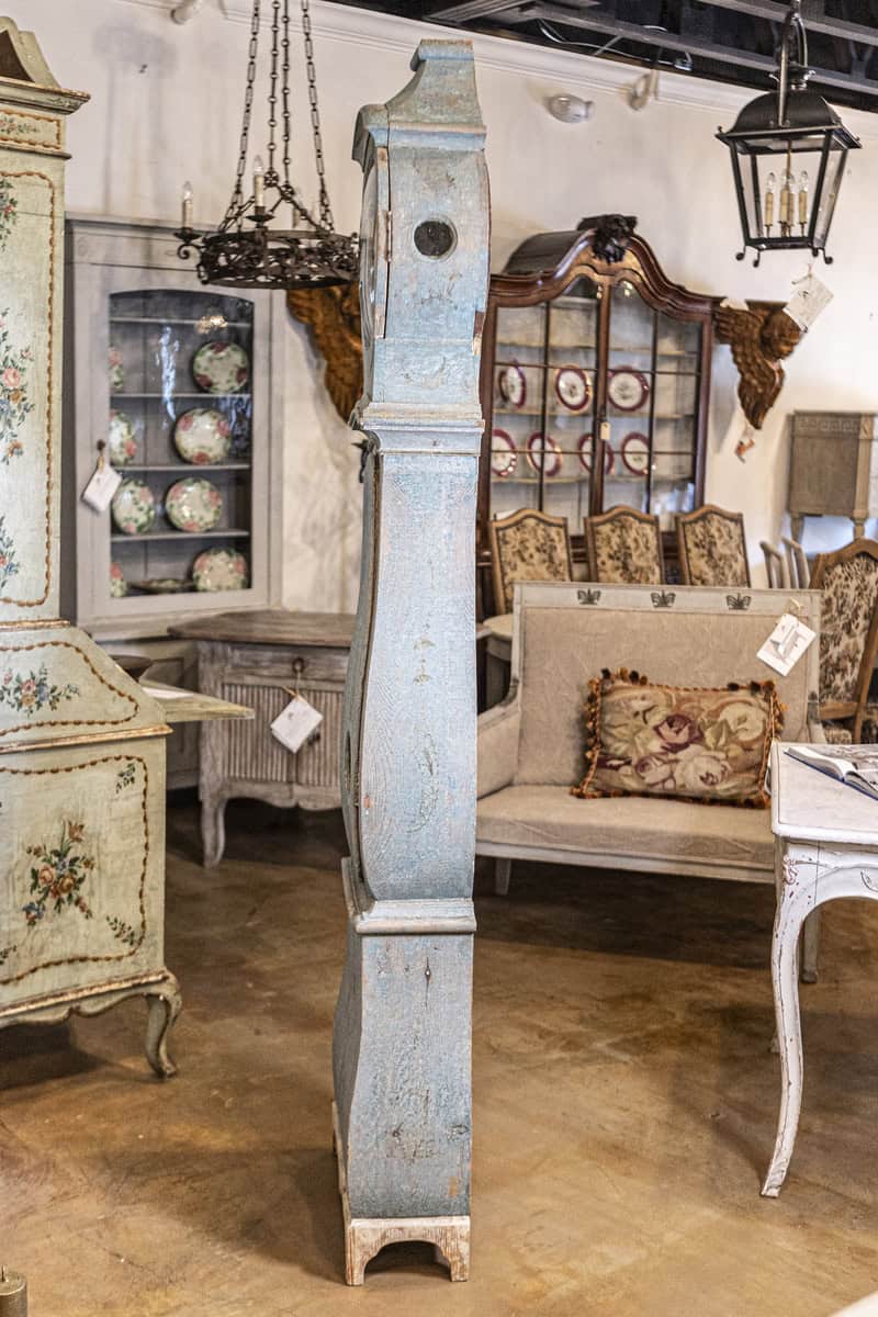 Swedish 1790s Long Case Mora Clock with Blue Gray Paint and Carved Crest - JAA