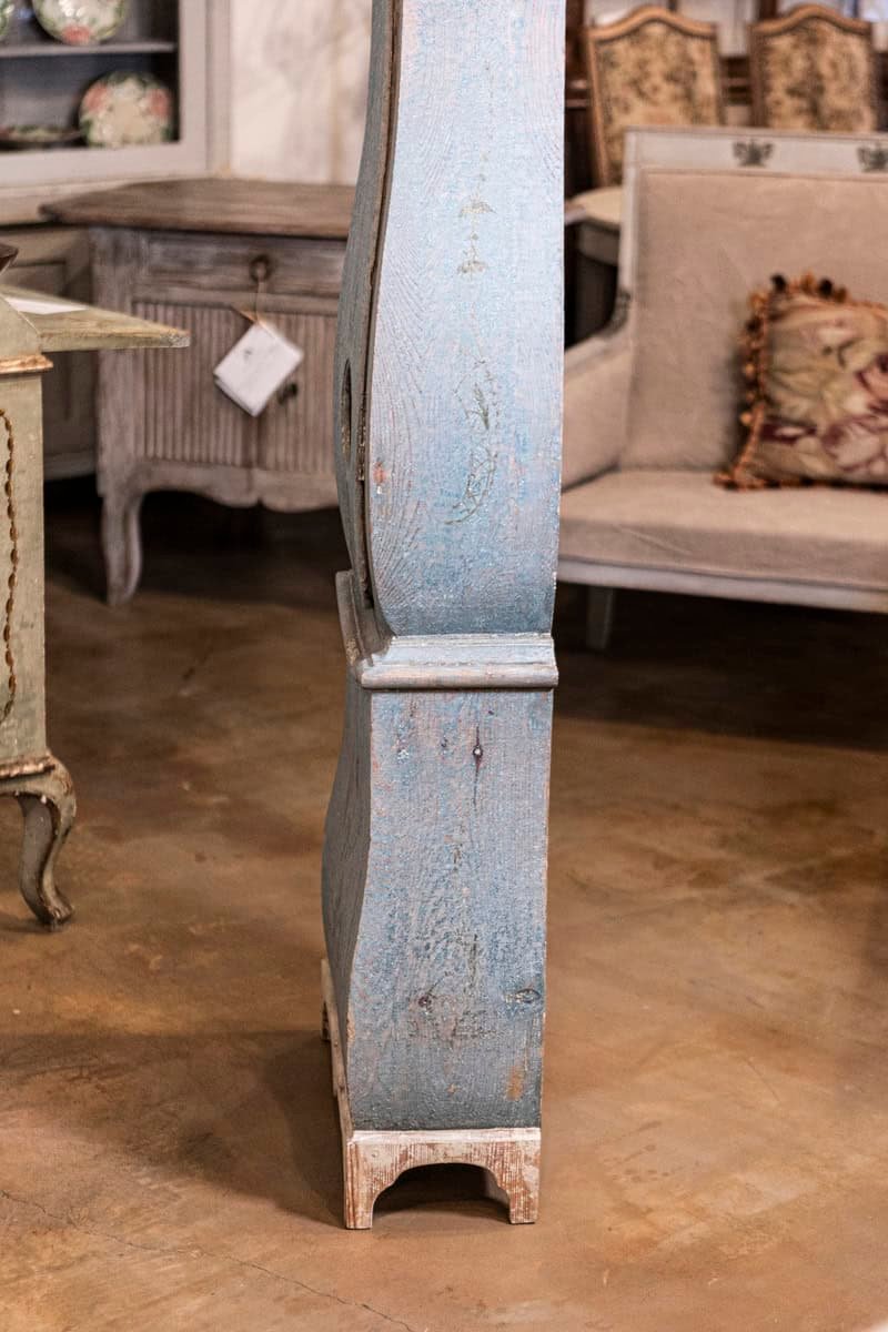 Swedish 1790s Long Case Mora Clock with Blue Gray Paint and Carved Crest - JAA