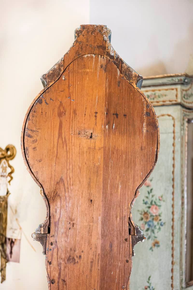 Swedish 1790s Long Case Mora Clock with Blue Gray Paint and Carved Crest - JAA