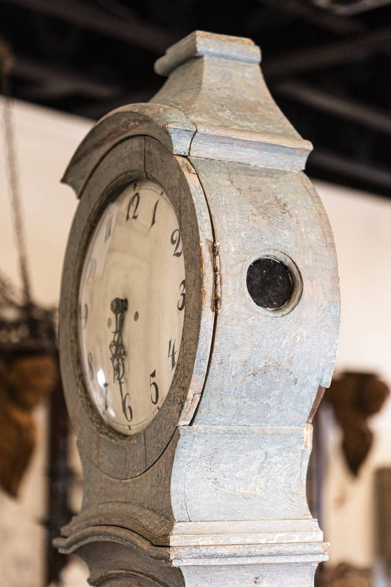 Swedish 1790s Long Case Mora Clock with Blue Gray Paint and Carved Crest - JAA