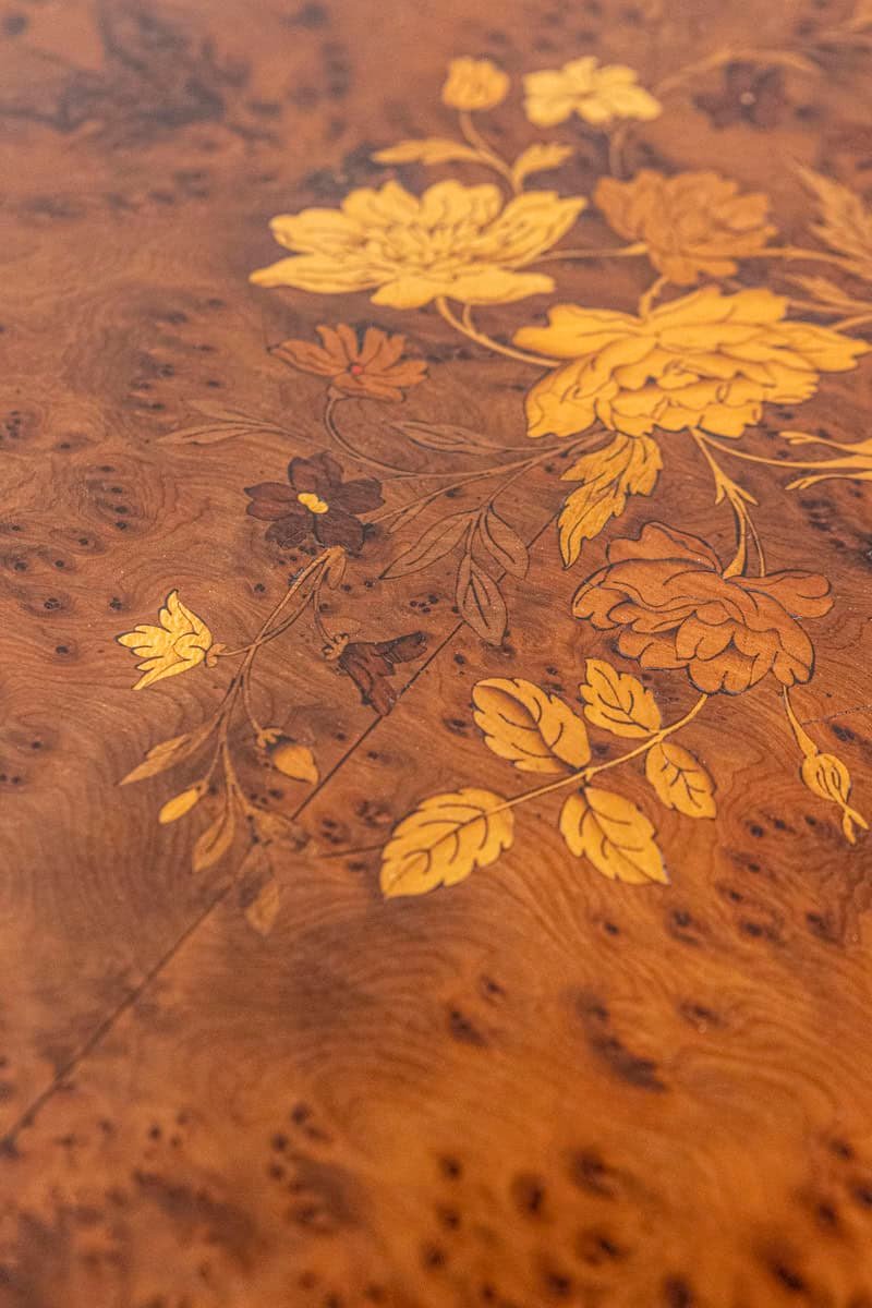 Italian 1890s Walnut, Mahogany and Brass Side Table with Floral Marquetry Décor - JAA