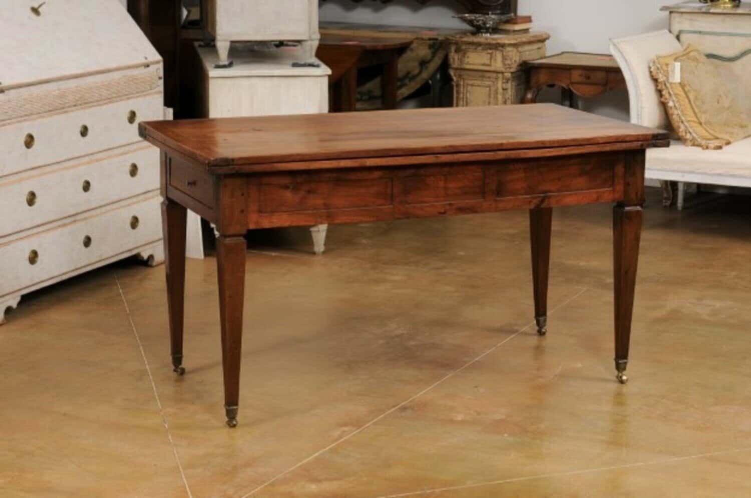 French Directoire Style 19th Century Walnut Table with Folding Top, Tapered Legs - JAA