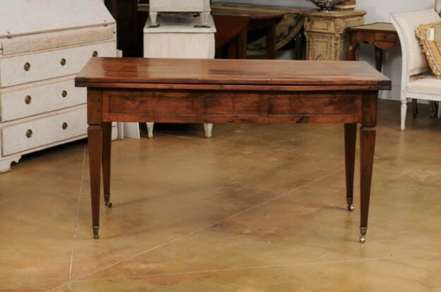 French Directoire Style 19th Century Walnut Table with Folding Top, Tapered Legs - JAA