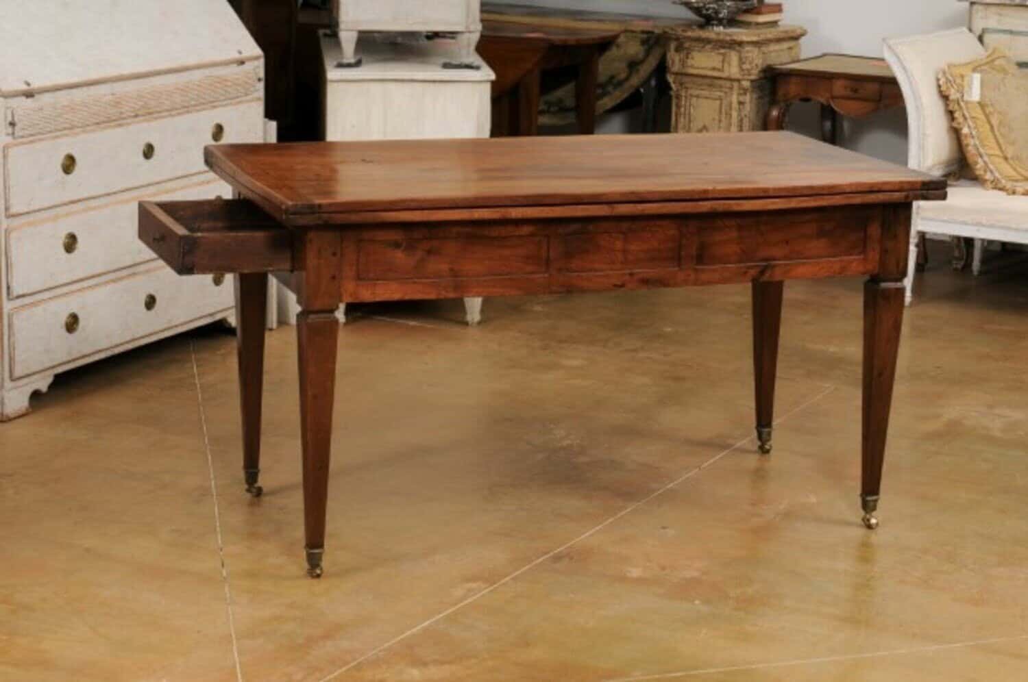 French Directoire Style 19th Century Walnut Table with Folding Top, Tapered Legs - JAA