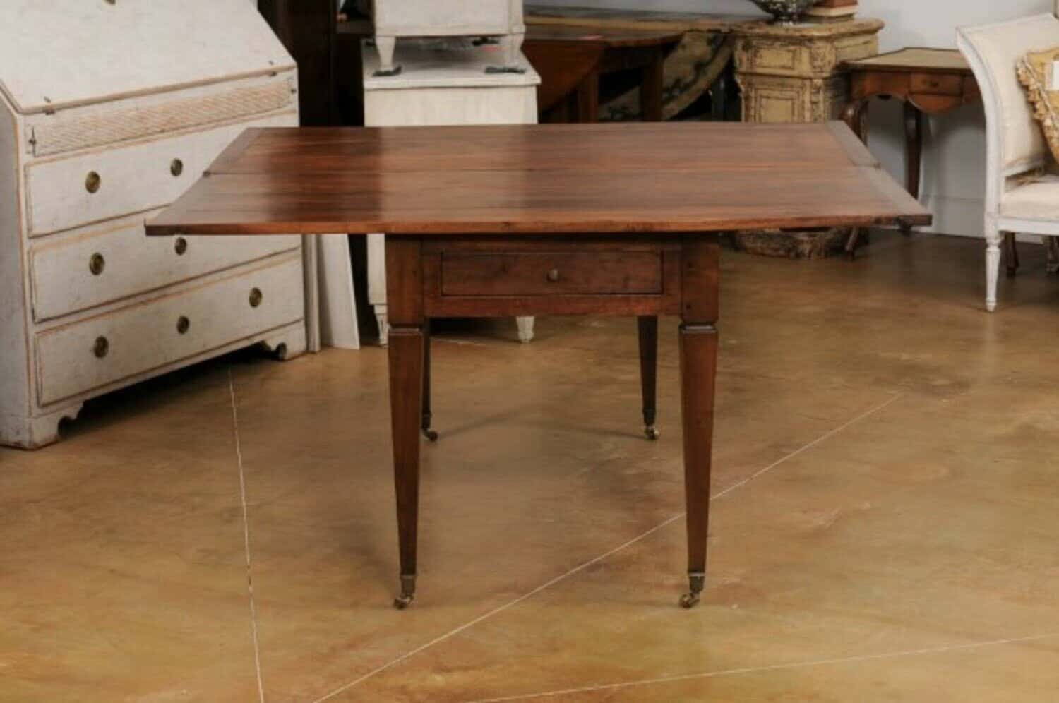 French Directoire Style 19th Century Walnut Table with Folding Top, Tapered Legs - JAA