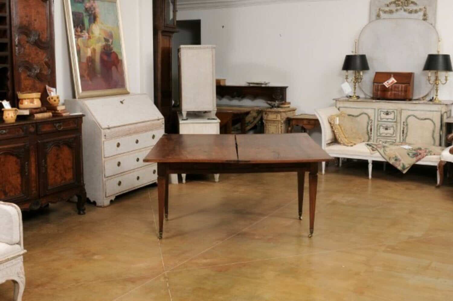 French Directoire Style 19th Century Walnut Table with Folding Top, Tapered Legs - JAA