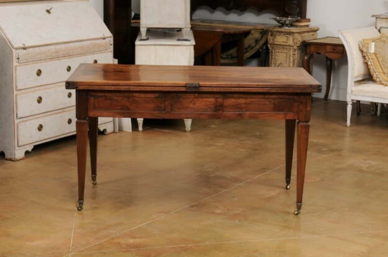 French Directoire Style 19th Century Walnut Table with Folding Top, Tapered Legs - JAA