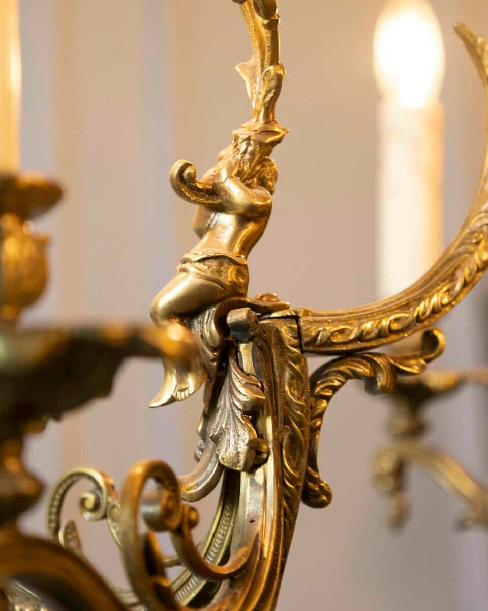 Spanish 19th Century Bronze Six-Light Chandelier with Cherubs and Floral Decor - JAA