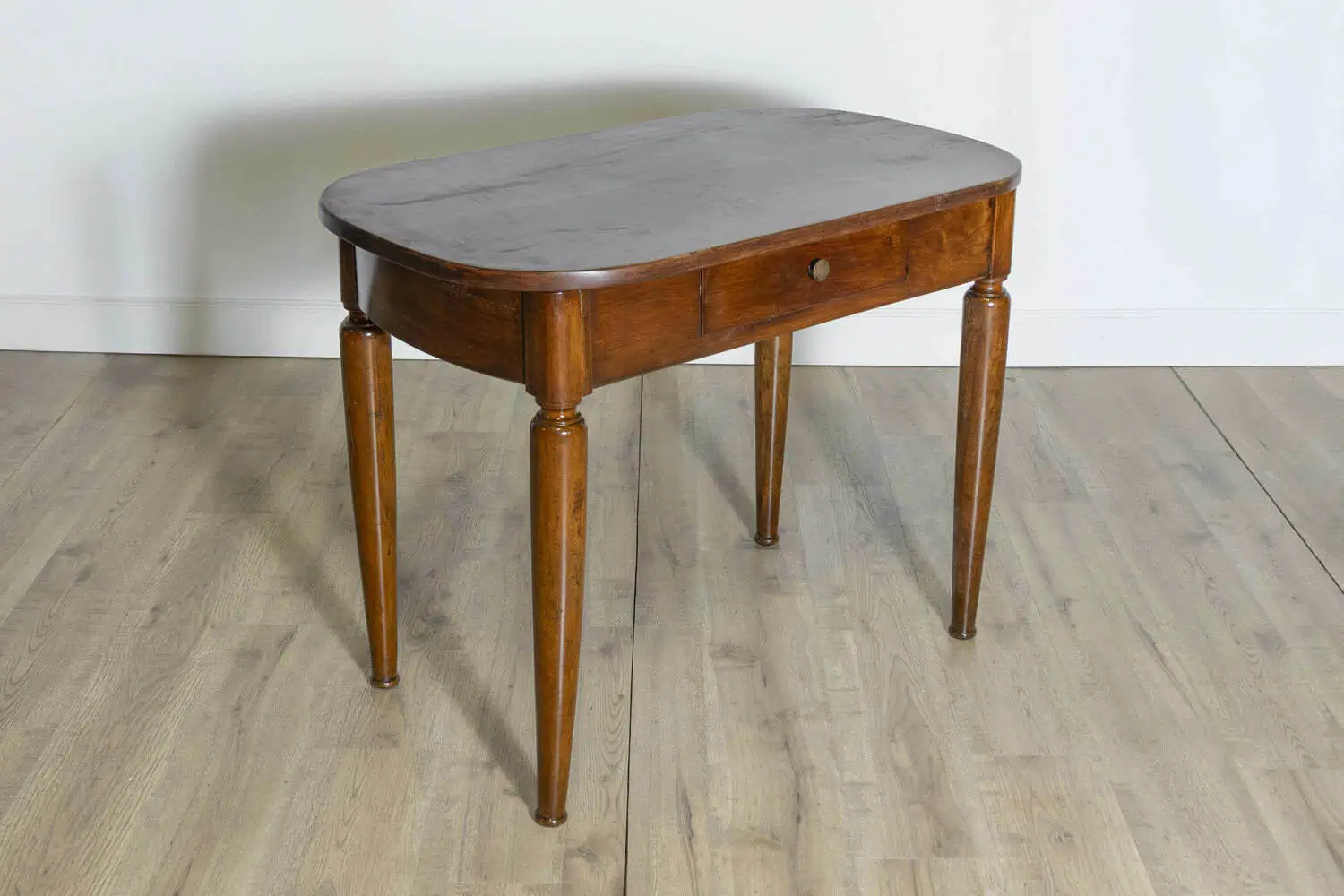 Italian Walnut 1890s Side Table with Oval Top, One Drawer and Cylindrical Legs - JAA