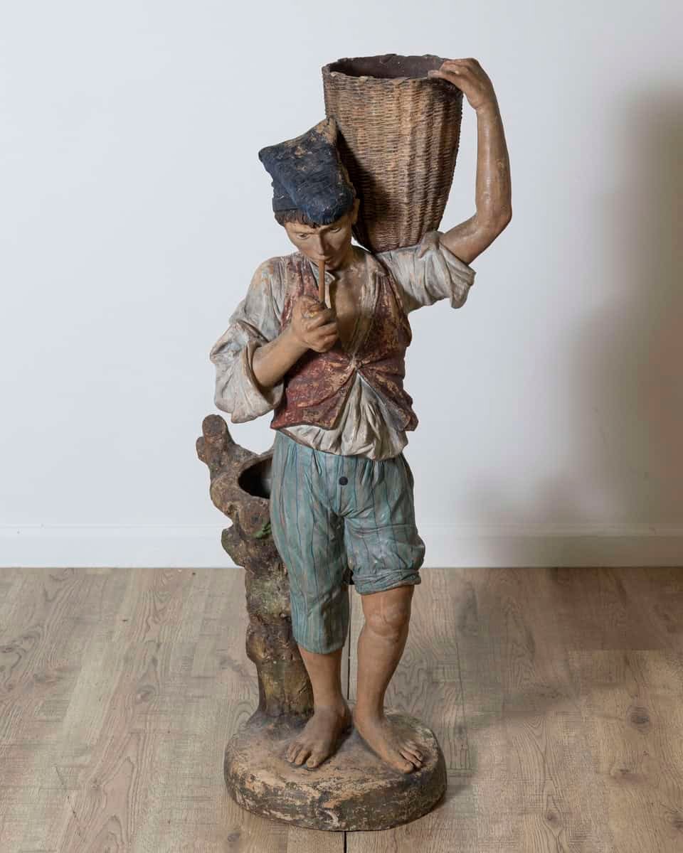 19th Century Italian, Polychrome Painted Metal Figure of a Boy with Basket - JAA