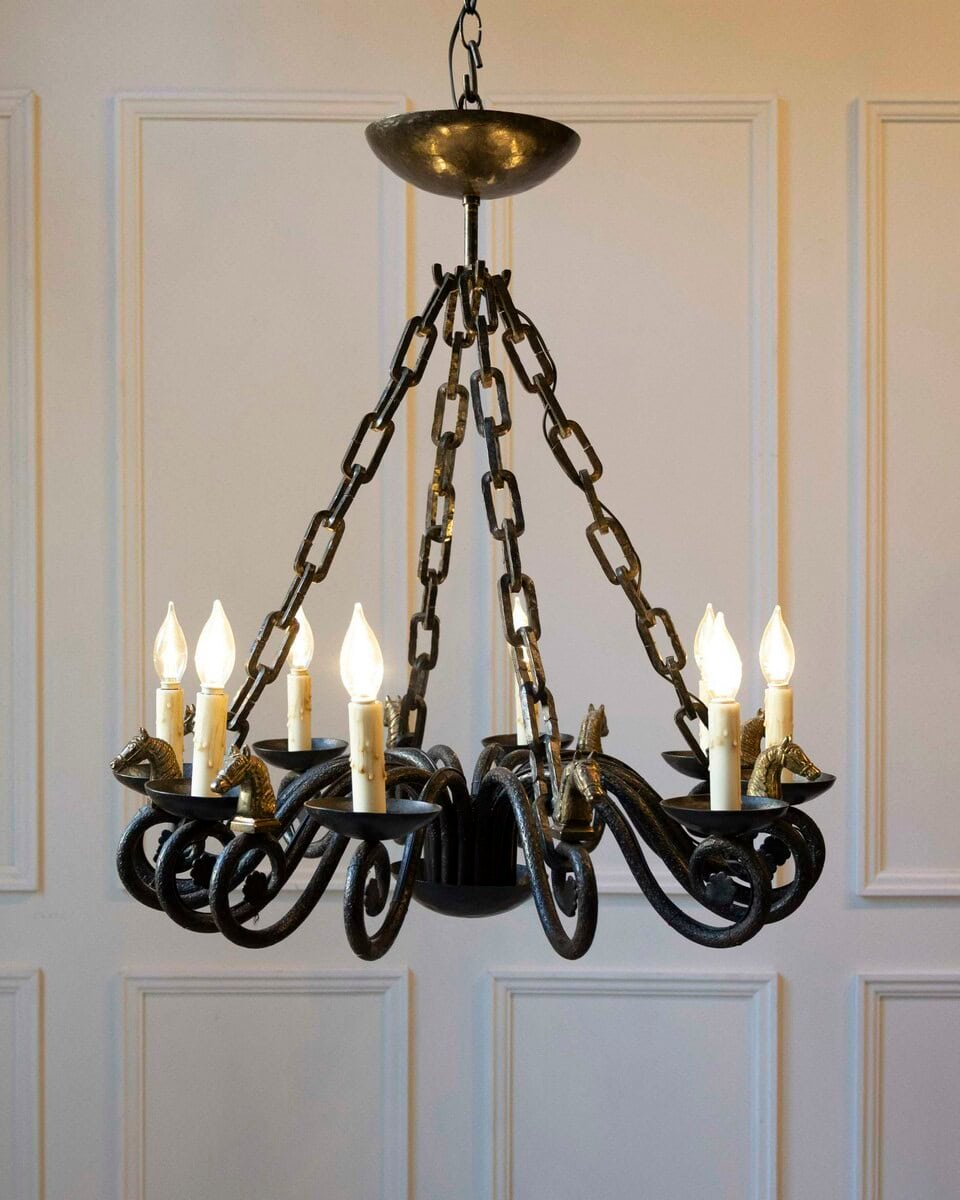 20th-Century French Wrought Iron Chandelier with Horse-Head Details - JAA