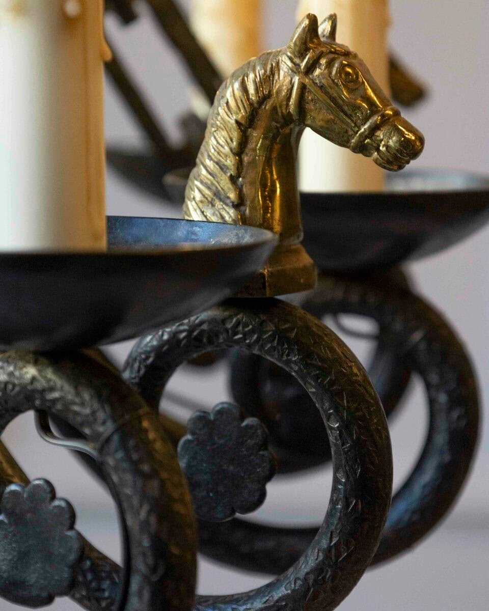 20th-Century French Wrought Iron Chandelier with Horse-Head Details - JAA