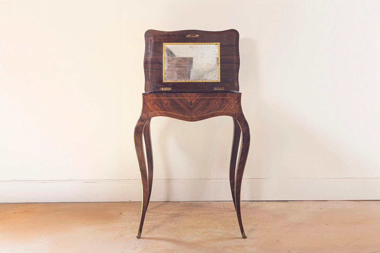 French Louis XV Style 19th Century Marquetry Dressing Table with Floral Motifs - JAA