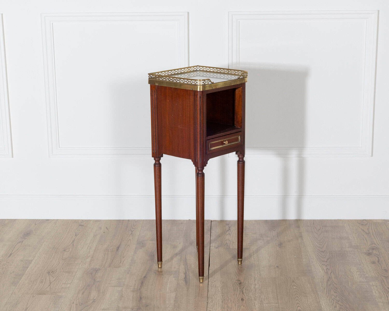 Pair of Small Louis XVI Style Mahogany Bedside Tables with Marble Tops - JAA