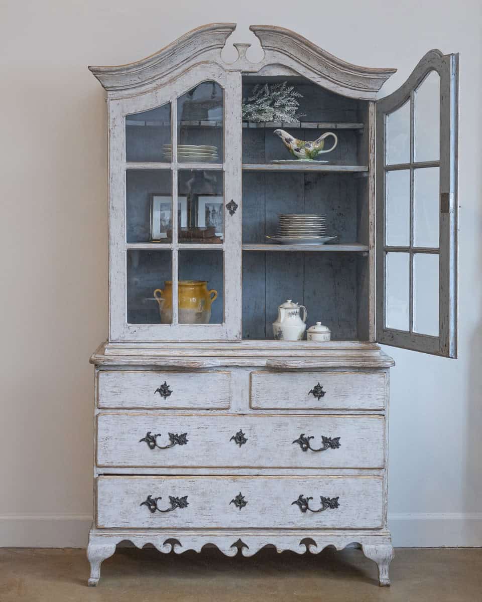 Swedish Rococo Style 1850s Bonnet Top Cabinet with Glass Doors and Drawers - JAA